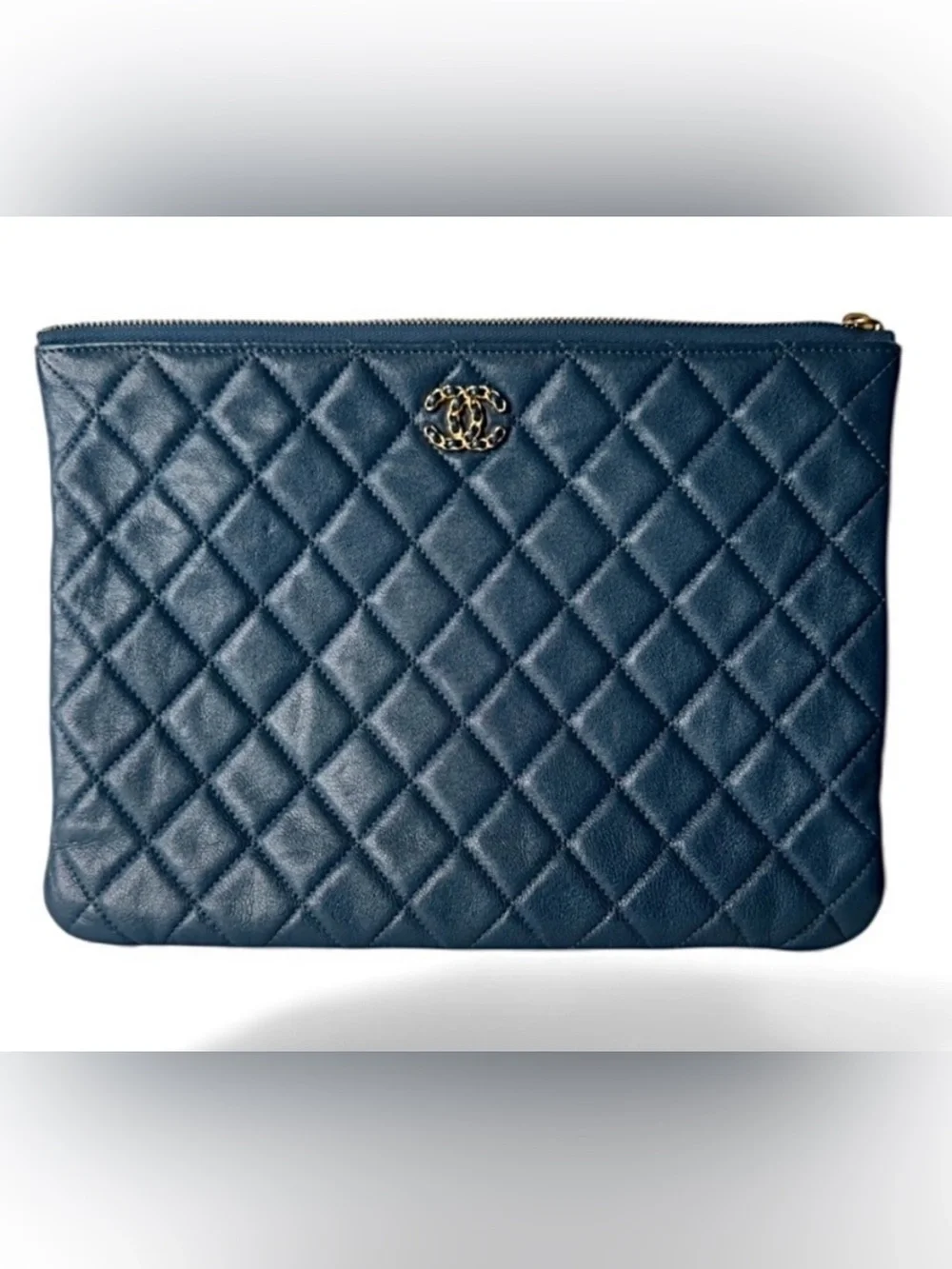 CHANEL Chanel Matelasse Blue Quilted Lamb Skin Clutch Back Pocket zipperClosure